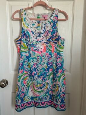 Sleeveless Multicolor Swirl Shift Dress with Embroidered Neckline